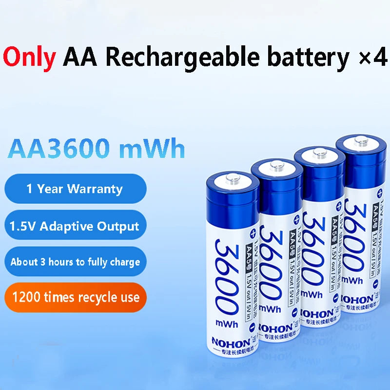 NOHON 1.5V AA 3600mWh/AAA 1300mWh Rechargeable Battery for Toy Game Console Mouse Remote Control Doorbell Blood Pressure Monitor