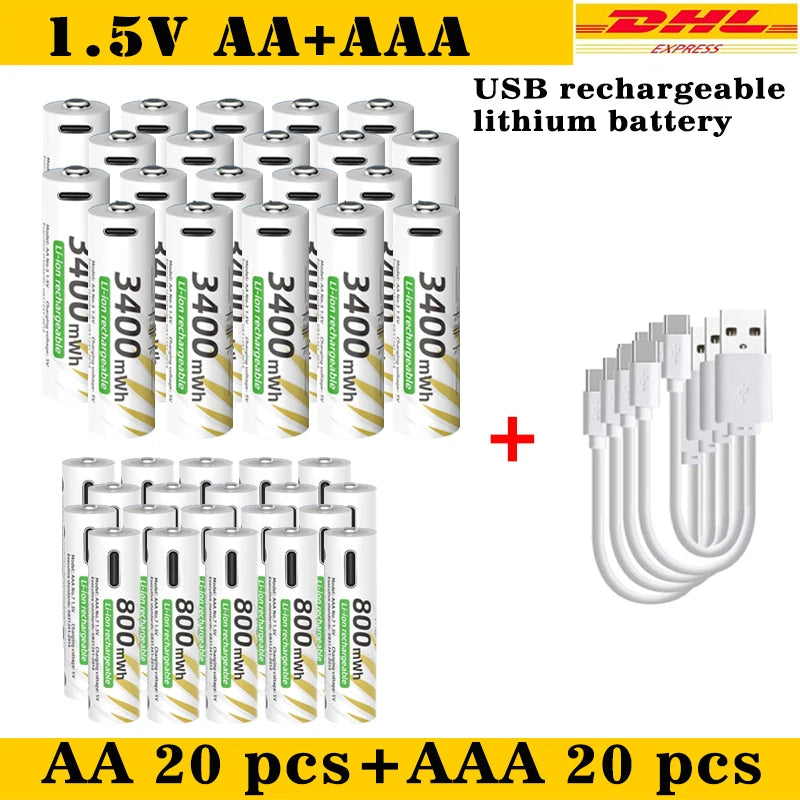 AAA and AA Rechargeable Batteries USB Lithium-ion 3400mWh 1.5V AA Rechargeable Batteries+800mWh 1.5V AAA Battery+ Type-C Cable