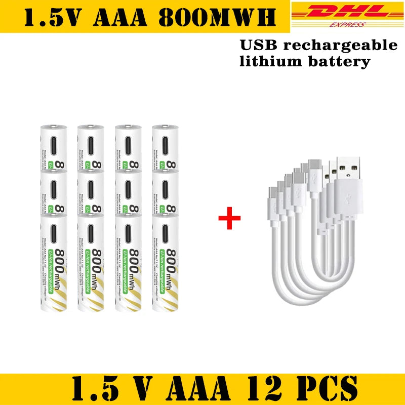 AAA and AA Rechargeable Batteries USB Lithium-ion 3400mWh 1.5V AA Rechargeable Batteries+800mWh 1.5V AAA Battery+ Type-C Cable