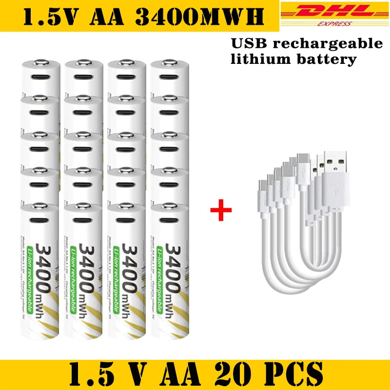 AAA and AA Rechargeable Batteries USB Lithium-ion 3400mWh 1.5V AA Rechargeable Batteries+800mWh 1.5V AAA Battery+ Type-C Cable