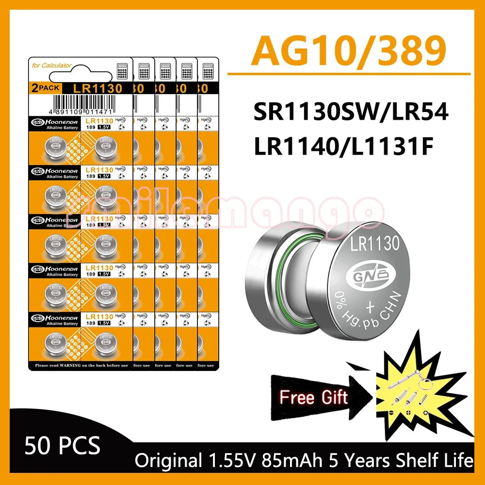 AG10 LR1130 Batteries 389A LR1130 LR54 L1131 SR1130 1.55v High Capacity Button Cell Coin Battery for Watches Calculators Lasers