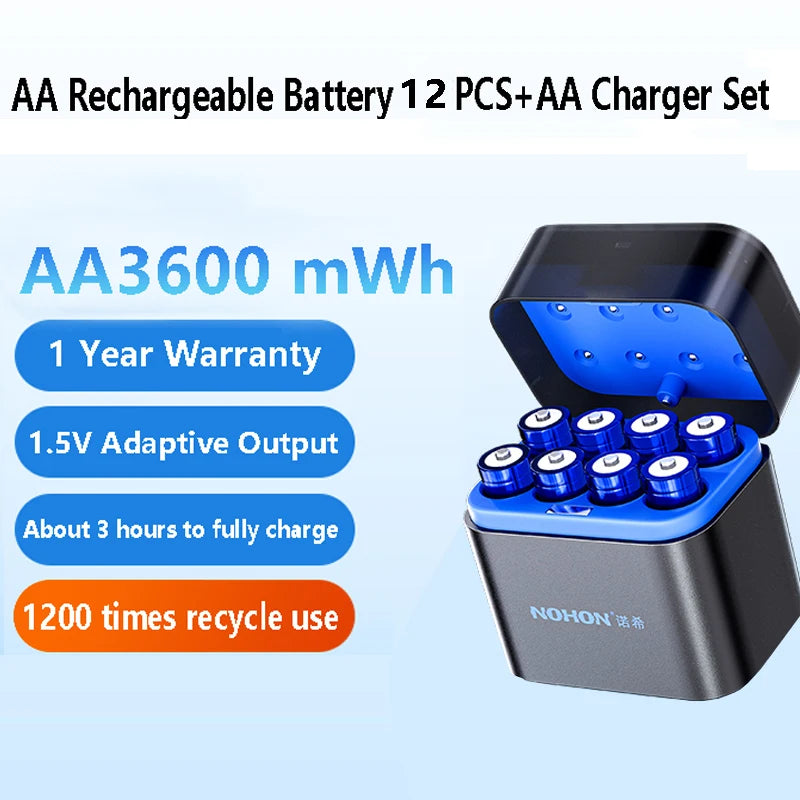 NOHON 1.5V AA 3600mWh/AAA 1300mWh Rechargeable Battery for Toy Game Console Mouse Remote Control Doorbell Blood Pressure Monitor