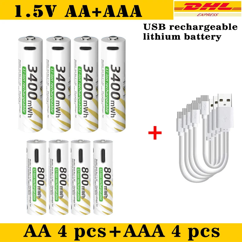 AAA and AA Rechargeable Batteries USB Lithium-ion 3400mWh 1.5V AA Rechargeable Batteries+800mWh 1.5V AAA Battery+ Type-C Cable
