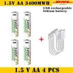 AAA and AA Rechargeable Batteries USB Lithium-ion 3400mWh 1.5V AA Rechargeable Batteries+800mWh 1.5V AAA Battery+ Type-C Cable