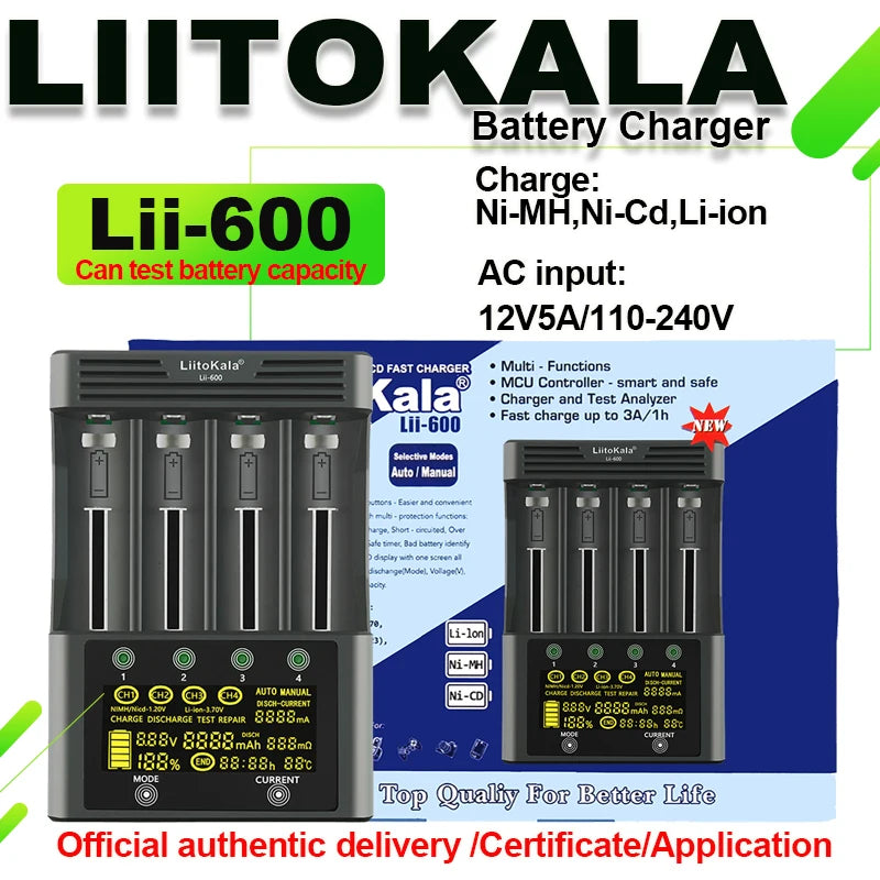 LiitoKala Lii-600 3.7V 3.85V Li ion 18650 1.2V 1.5V Ni MH AA AAA 3.2V/3.65V LiFePO4 Rechargeable Smart Repair LED Charger