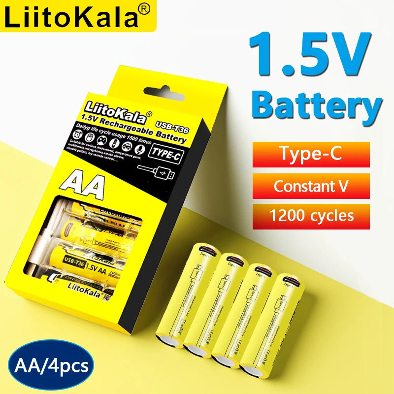 Liitokala USB-T36 1.5V AA 3600mWh Li-Ion Rechargeable Battery 1200 Cycle Type-C AA 2400mAh Battery with 4-in-1 USB Cable