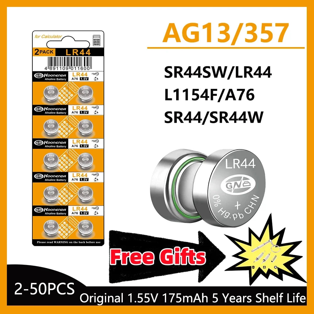 LR44 / AG13 1.5V Alkaline Button Cell Batteries for Calculators and Small Electronics