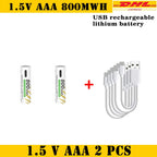 AAA and AA Rechargeable Batteries USB Lithium-ion 3400mWh 1.5V AA Rechargeable Batteries+800mWh 1.5V AAA Battery+ Type-C Cable