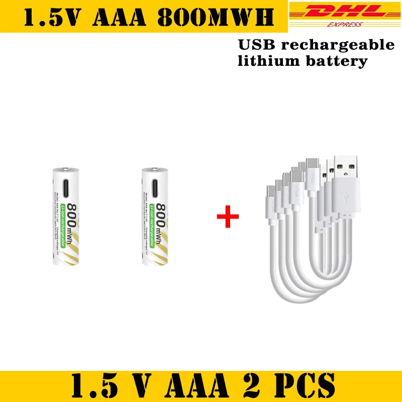 AAA and AA Rechargeable Batteries USB Lithium-ion 3400mWh 1.5V AA Rechargeable Batteries+800mWh 1.5V AAA Battery+ Type-C Cable