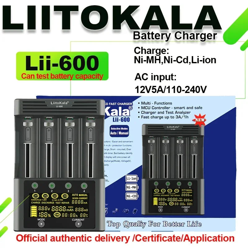 LiitoKala Lii-600 3.7V 3.85V Li ion 18650 1.2V 1.5V Ni MH AA AAA 3.2V/3.65V LiFePO4 Rechargeable Smart Repair LED Charger