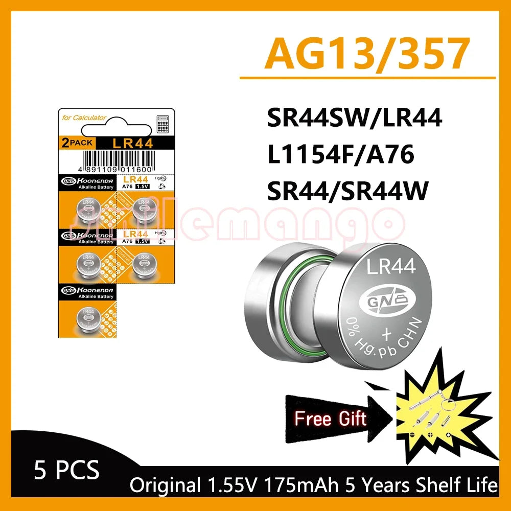 LR44 / AG13 1.5V Alkaline Button Cell Batteries for Calculators and Small Electronics