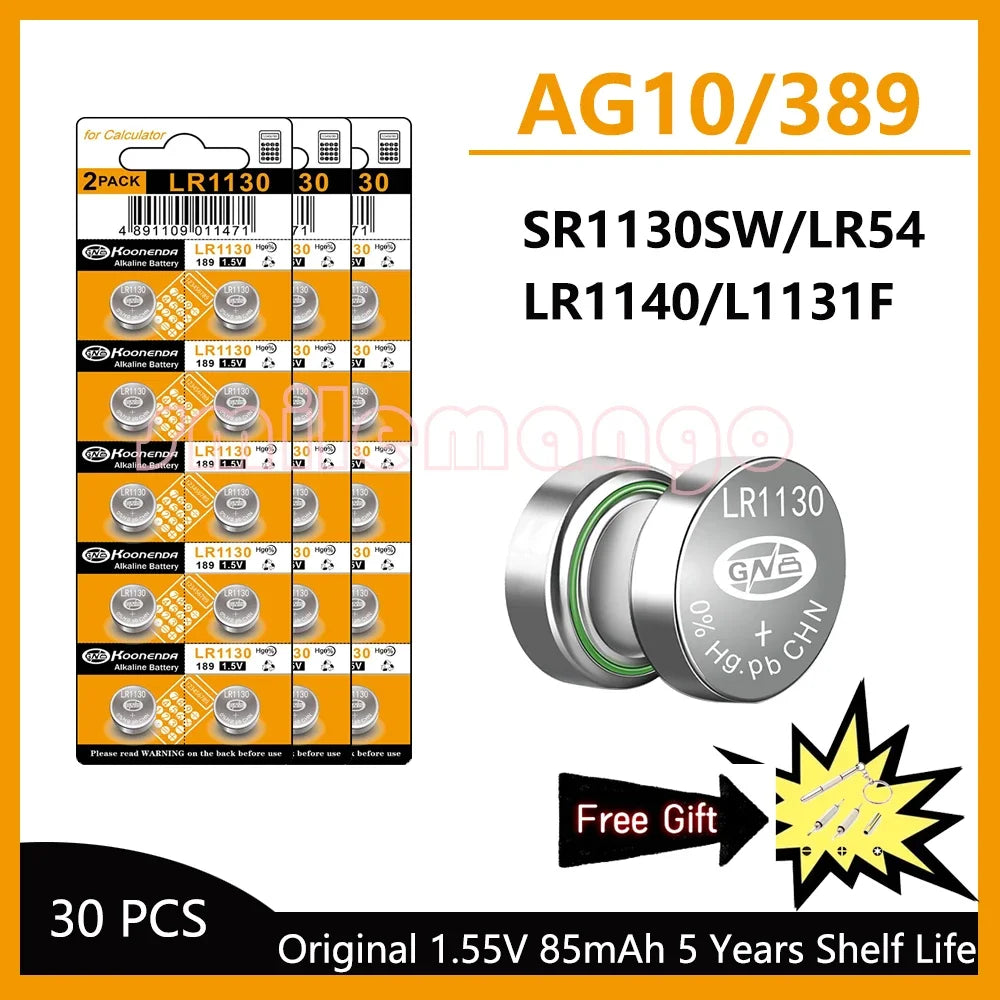 AG10 LR1130 Batteries 389A LR1130 LR54 L1131 SR1130 1.55v High Capacity Button Cell Coin Battery for Watches Calculators Lasers