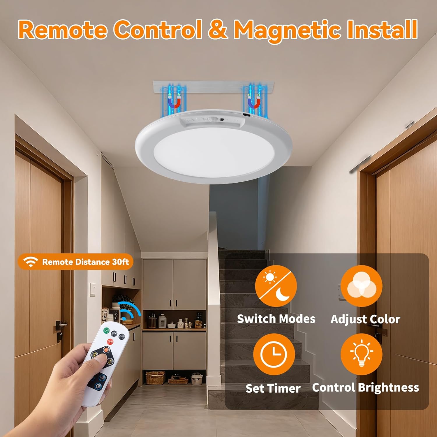 2 Pack Rechargeable Motion Sensor Ceiling Light with Remote - Magnetic Wireless Ceiling Light Battery Powered for Closet Shower Stairs Shed Hallway Porch Patio