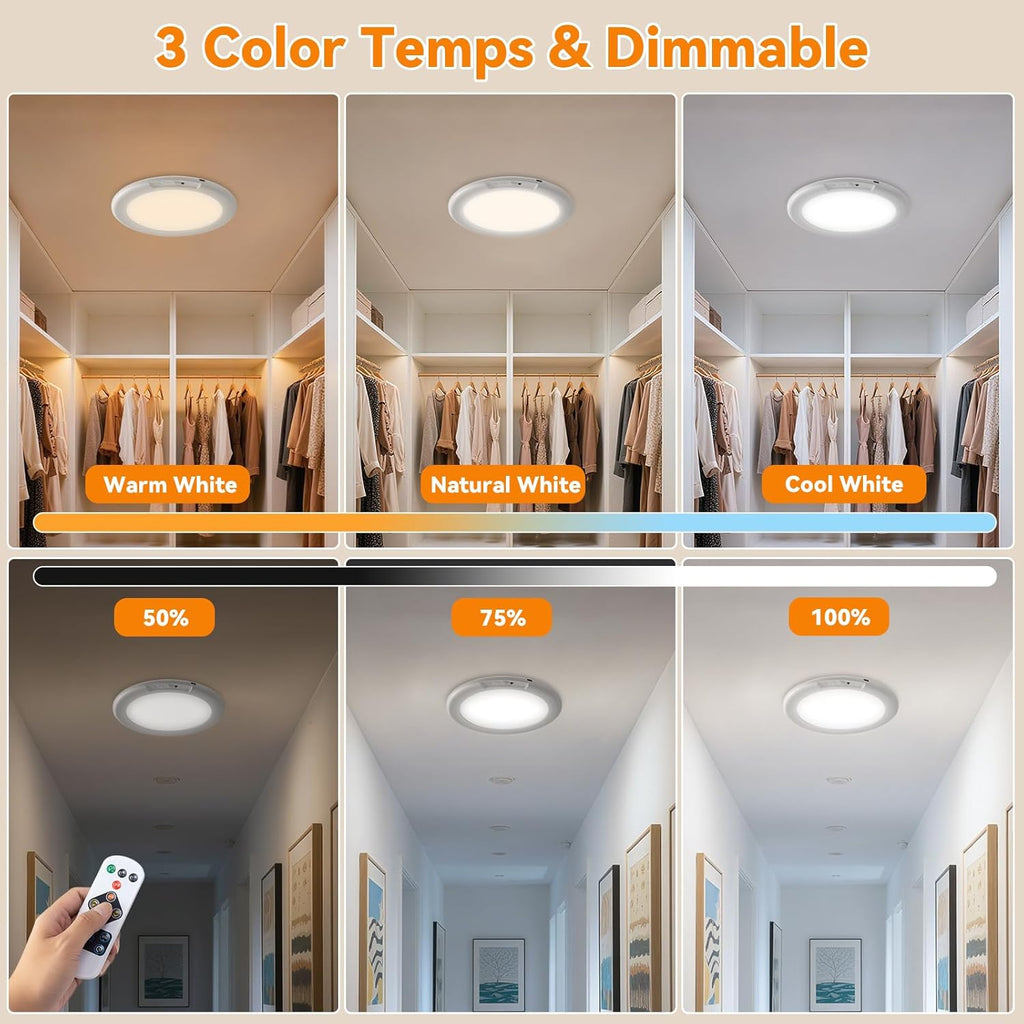 2 Pack Rechargeable Motion Sensor Ceiling Light with Remote - Magnetic Wireless Ceiling Light Battery Powered for Closet Shower Stairs Shed Hallway Porch Patio