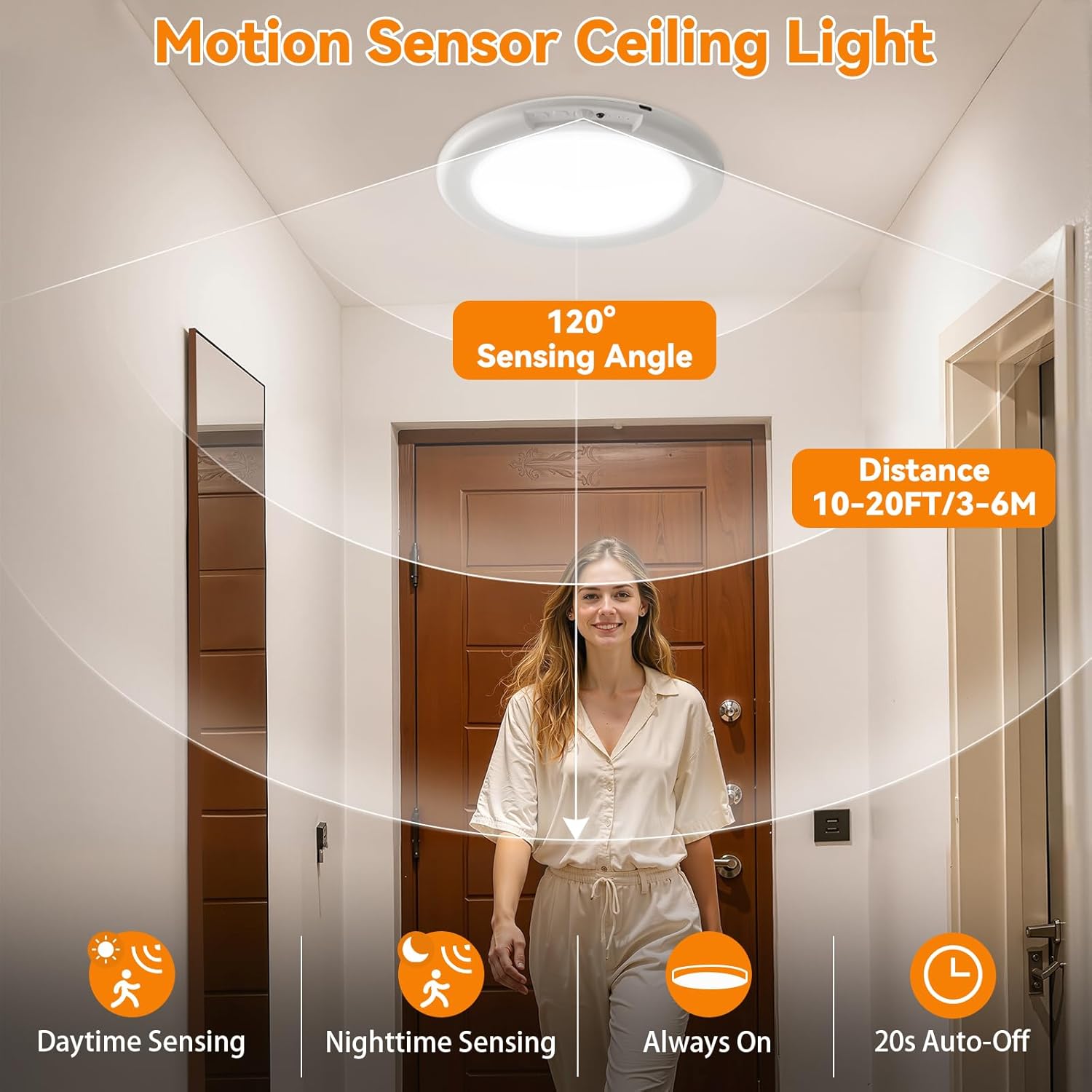 2 Pack Rechargeable Motion Sensor Ceiling Light with Remote - Magnetic Wireless Ceiling Light Battery Powered for Closet Shower Stairs Shed Hallway Porch Patio